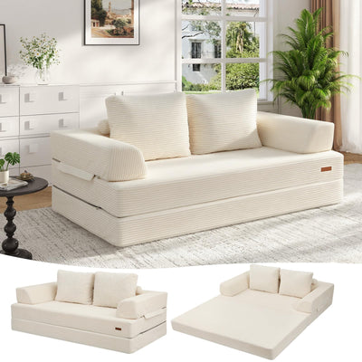 COMAX Convertible Sofa Bed, Folding Floor Couch Corduroy Fold Out Couch Bed Futon Sleeper Mattress with Pillows, Boneless Sofa Comfy Lounge Loveseat for Living Room Bedroom, Beige