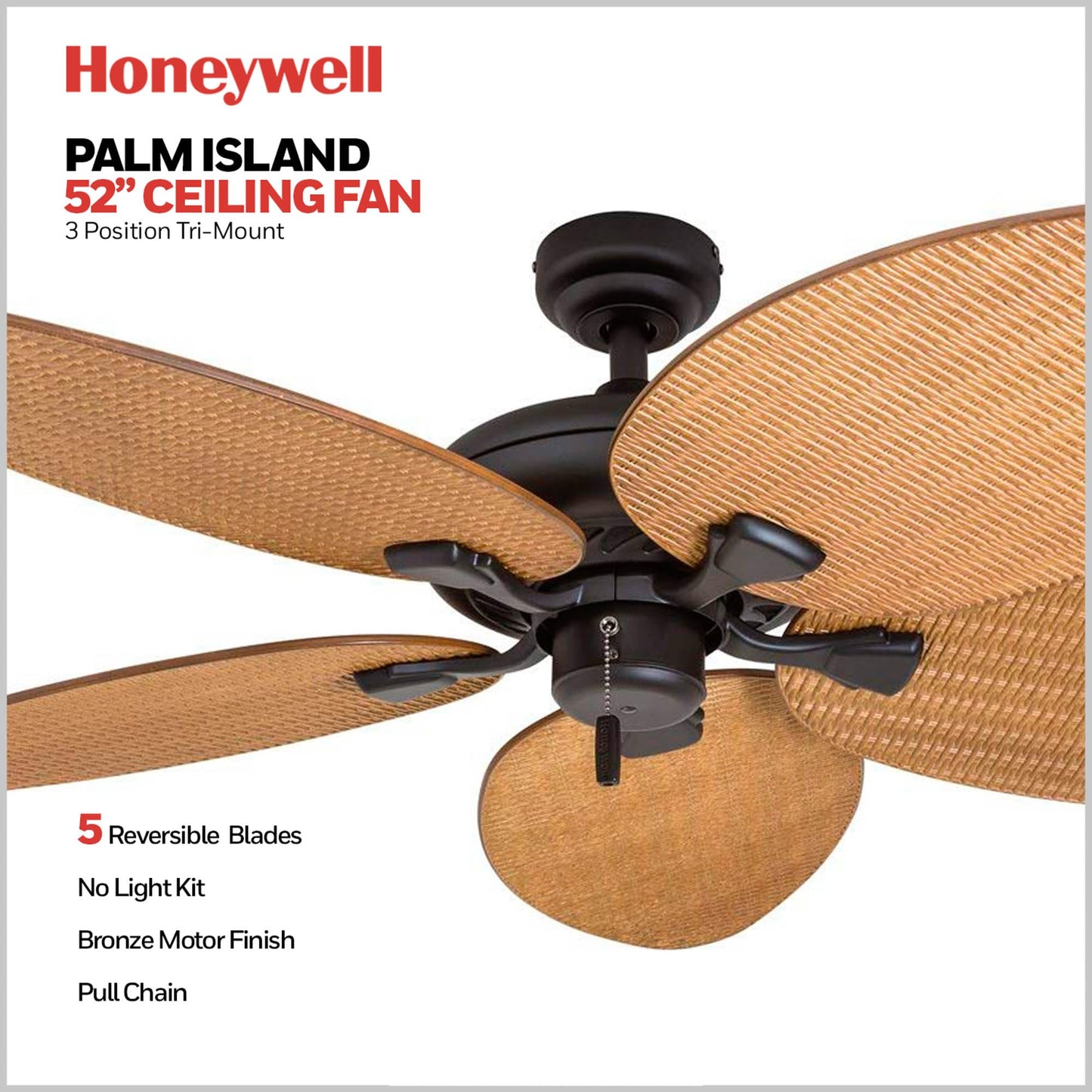 Honeywell Ceiling Fans Palm Island, 52 Inch Tropical Indoor Outdoor Ceiling Fan with No Light, Pull Chain, Three Mounting Options, 5 Palm Leaf Blades, Damp-Rated - 50505-01 (Bronze)