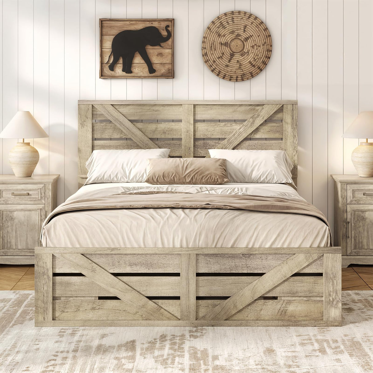 Maupvit Farmhouse Queen Size Bed Frame with Sliding Barn Door Storage Cabinets, Rustic Platform Bed Frame with Adjustable Thick Headboard, Sturdy Wood & Metal Frame, No Box Spring Needed, Noisy-Free Maupvit