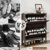 Vabches Shoe Cabinet with 2 Flip Drawers, Farmhouse Shoe Storage Cabinet for Entryway, Wood Narrow Shoe Rack Cabinet with Open Shelf, Slim Hidden Shoe Cabinet, Rustic Dark Oak Vabches