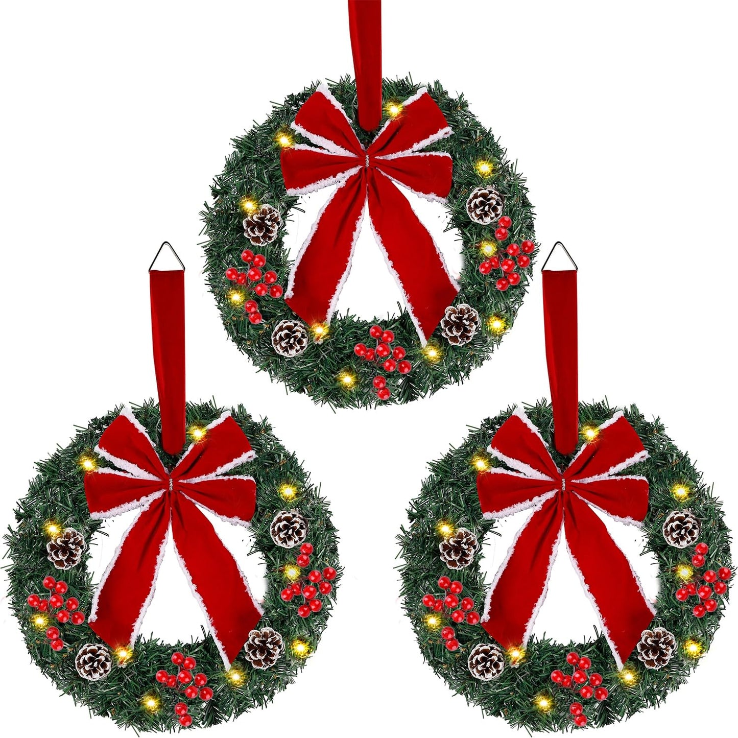 Hausse Set of 3 Christmas Wreaths, Lighted Artificial Christmas Wreath with LED Lights & Large Red Bow Ornaments, 8 Modes & Timer, Battery Operated for Front Door Gate Wall Xmas Party Decorations