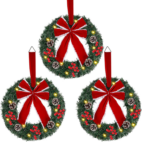 Hausse Set of 3 Christmas Wreaths, Lighted Artificial Christmas Wreath with LED Lights & Large Red Bow Ornaments, 8 Modes & Timer, Battery Operated for Front Door Gate Wall Xmas Party Decorations Hausse