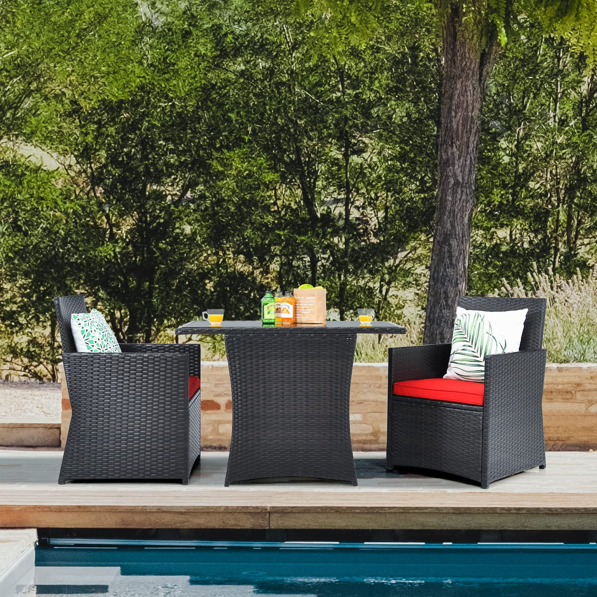 HAPPYGRILL 3-Piece Outdoor Wicker Bistro Set PE Rattan Dining Table Set with Cushioned Chairs, Patio Conversation Set for Backyard Porch Garden and Poolside HAPPYGRILL