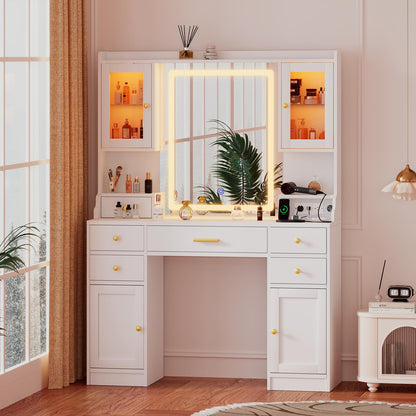 White Large Vanity Desk with Mirror,Lights and Charging Station,Make up Vanity Mirror with 3 Lights Mode and Brightness Adjusted by Touch Button and 6 Drawers,4 cabinets,2 cabinets with RGB L - WoodArtSupply