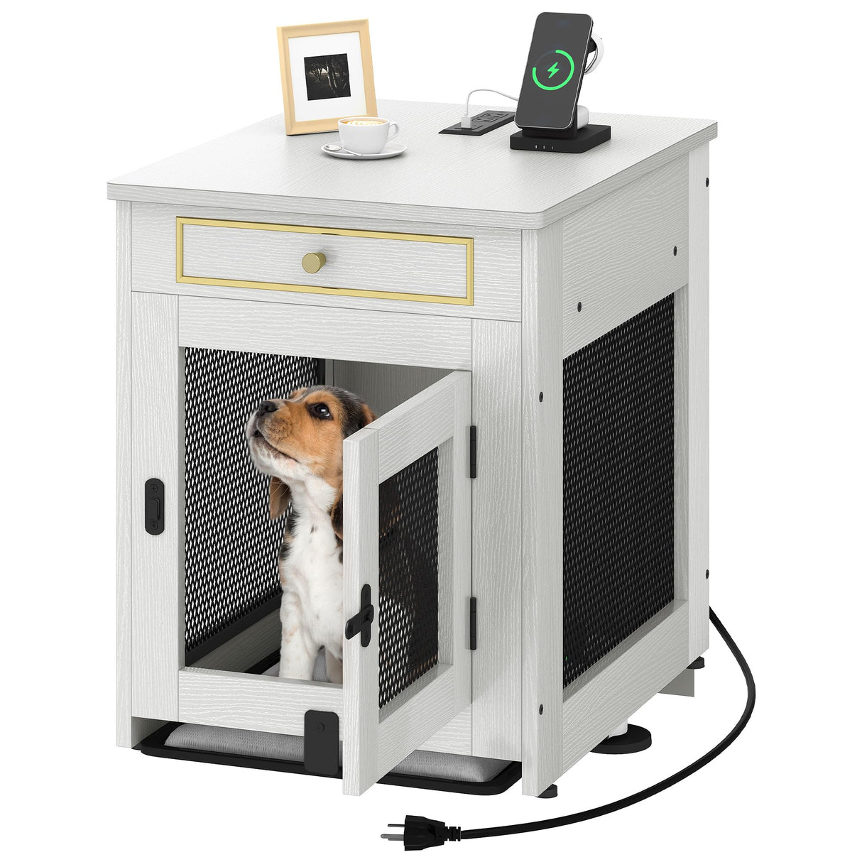 DWVO Dog Kennel Furniture with Dual USB Charger, Dog Crate End Table with Tray, Wooden Dog Crate Furniture with Cushion for Small Dogs, White DWVO