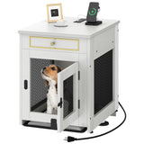 DWVO Dog Kennel Furniture with Dual USB Charger, Dog Crate End Table with Tray, Wooden Dog Crate Furniture with Cushion for Small Dogs, White DWVO