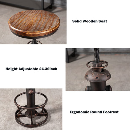 BOKKOLIK Vintage Swivel Bar Stool Industrial Coffee Kitchen Dining Chair Fire Hydrant Design Height Adjustable 24.8-30.7inch Solid Wooden Seat - WoodArtSupply