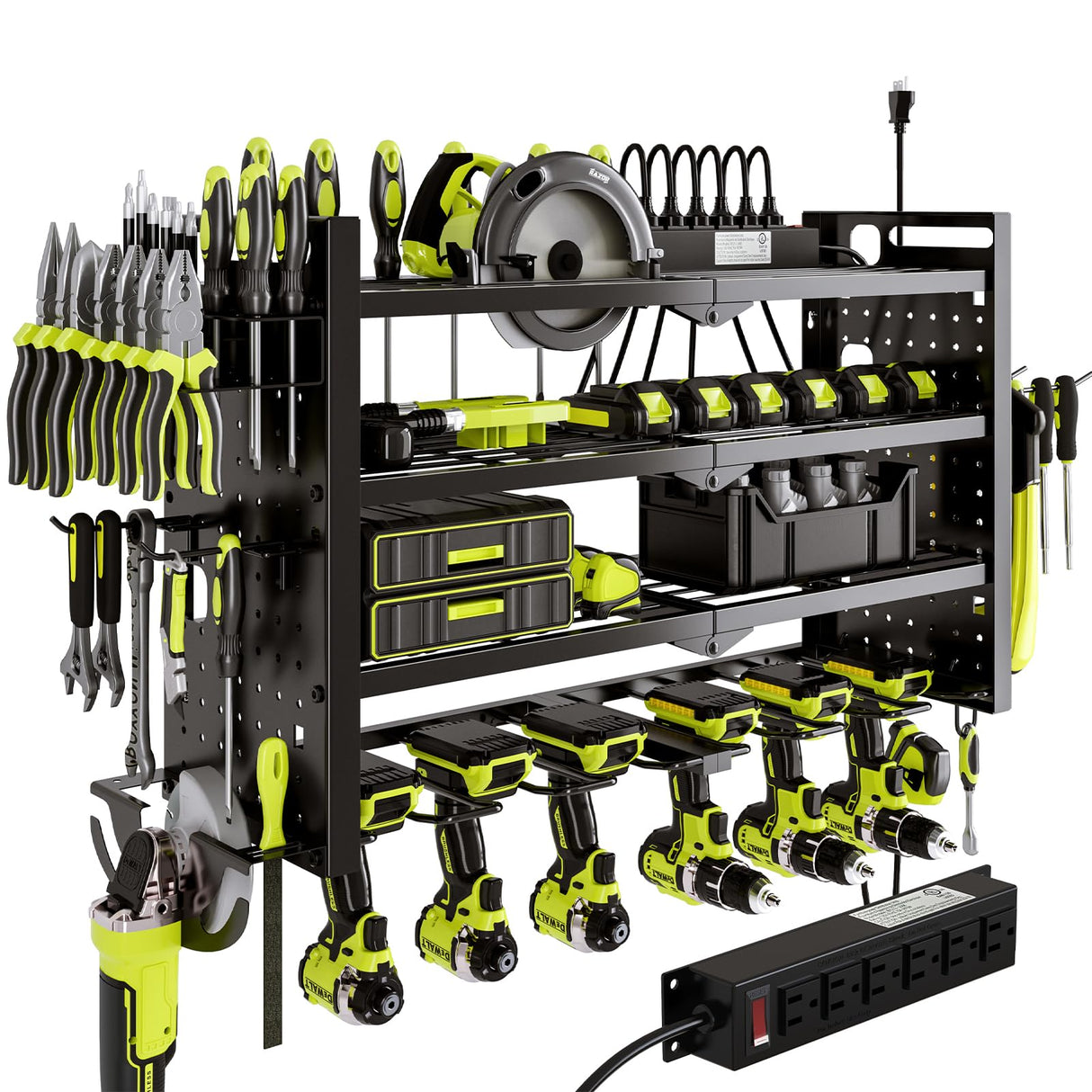 NattyDot Power Tool Organizer Wall Mount with Charging Station 4 Layer 6 Slot Cordless Drill Holder with Angle Grinder Holder (Black) NattyDot