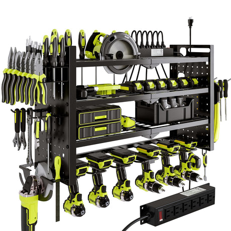 NattyDot Power Tool Organizer Wall Mount with Charging Station 4 Layer 6 Slot Cordless Drill Holder with Angle Grinder Holder (Black) NattyDot