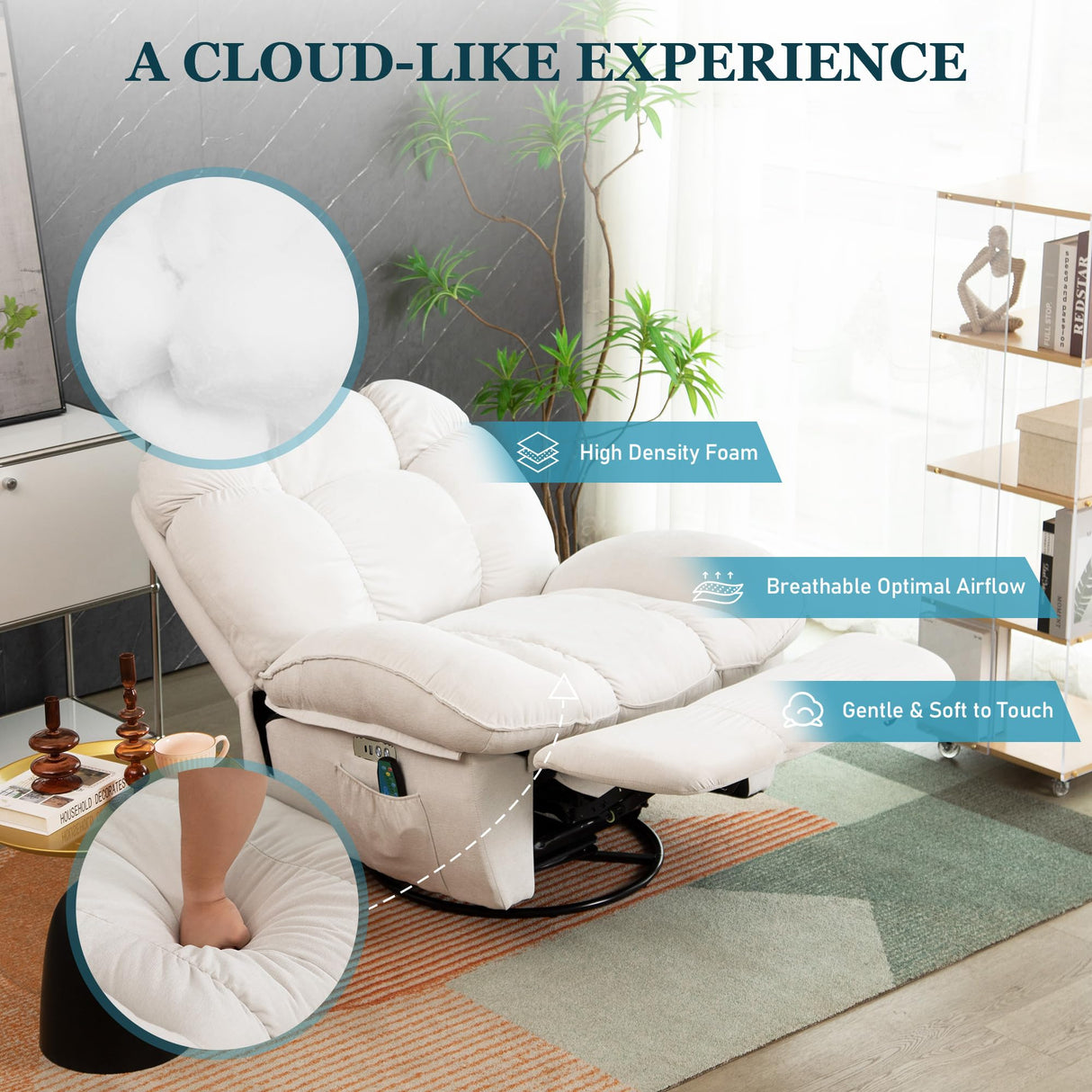 DYHOME Rocking Recliner Chair, Massage Rocker Recliner Chair with Vibration Massage and Heat, White Swivel Chairs, Soft Fabric Single Reclining Sofa for Living Room Bedroom, with USB Port DYHOME