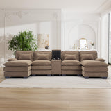 OUYESSIR U Shaped Cloud Sectional Couch, 124" Fluffy Modular Sofa Set with Double Chaise Lounge Central Console & USB Port, Comfy Chenille Big Sectional Couches for Living Room, Brown OUYESSIR