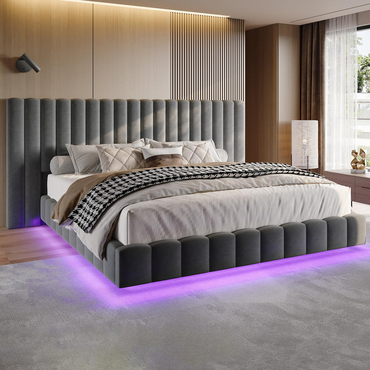 Jocisland King Bed Frame with LED Lights and Upholstered Oversized Headboard, Modern Velvet Platform with Floating Design, No Box Spring Needed, Grey Jocisland