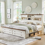 Farmhouse King Size Bed Frame with 54" Tall Storage Bookcase Headboard, Wood Platform Bed Frame with 2 Drawers & 18" Tall Roman Column Decoration Footboard, No Box Spring Needed(Antique White) T4TREAM
