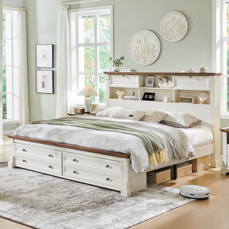 Farmhouse King Size Bed Frame with 54" Tall Storage Bookcase Headboard, Wood Platform Bed Frame with 2 Drawers & 18" Tall Roman Column Decoration Footboard, No Box Spring Needed(Antique White) T4TREAM