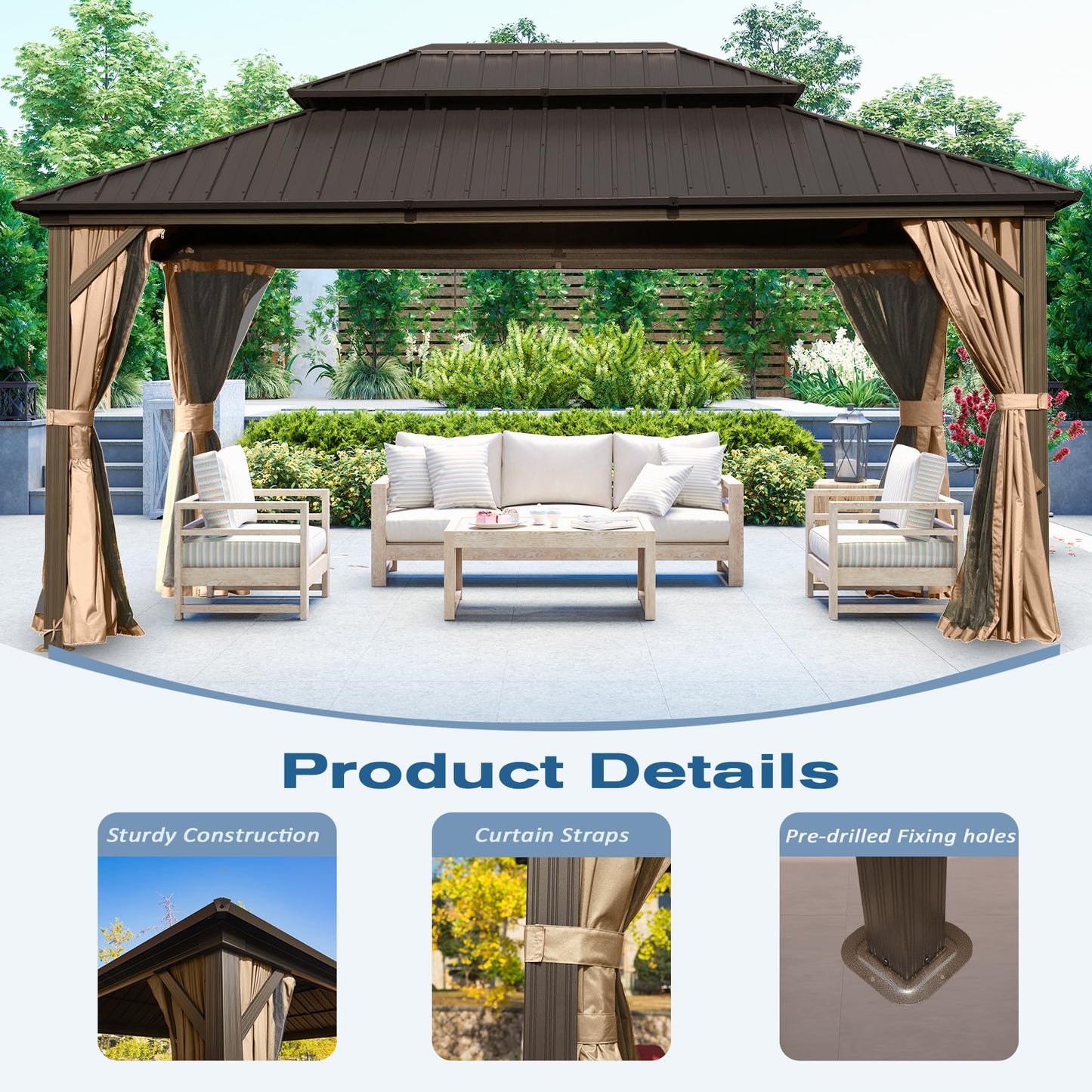 Domi 10' X 14' Hardtop Gazebo, Aluminum Metal Gazebo with Galvanized Steel Double Roof Canopy, Curtain and Netting, Permanent Gazebo Pavilion for Party, Wedding, Outdoor Dining, Brown - WoodArtSupply