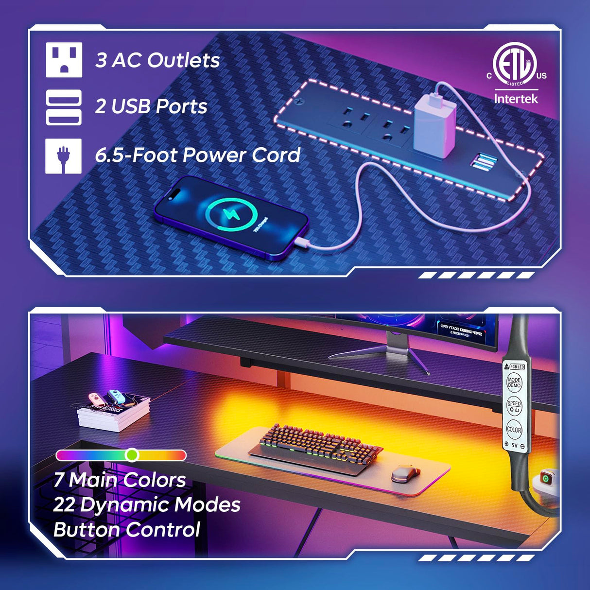 Bestier Gaming Desk with LED Lights & Power Outlets, 63 inch U Shaped Computer Desk with Monitor Stand & Storage Shelves, PC Desk with Cup Holder & Hook for Home Office, Black 3D Carbon Fiber Bestier