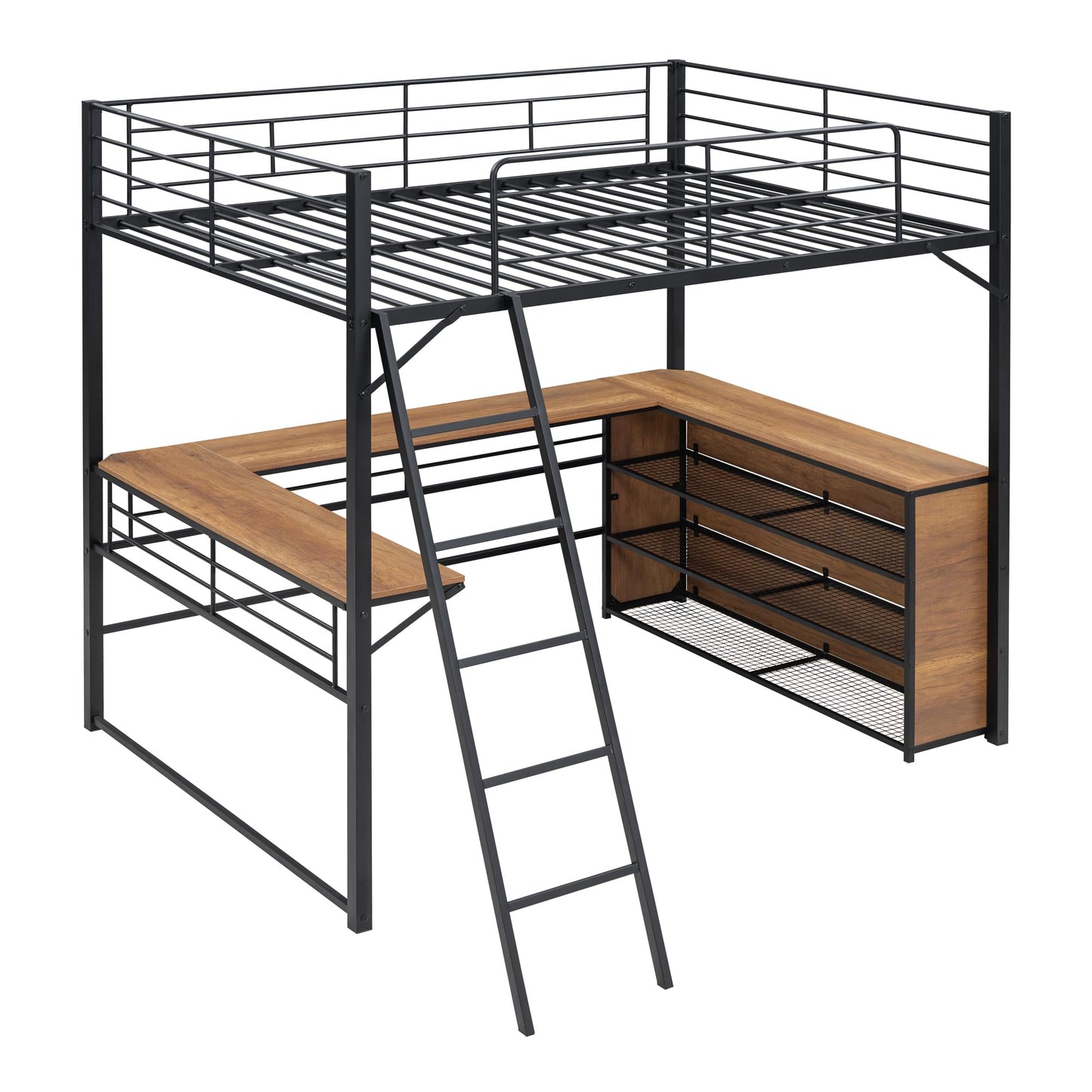 Metal Full Size Loft Bed with L-Shaped Desk,Heavy Duty Loft Bed with 3 Tier Shelves for Kids Teens Adults,High Loft Bed Frame, Space Saving Loft Bed Full Size(Full,Black)