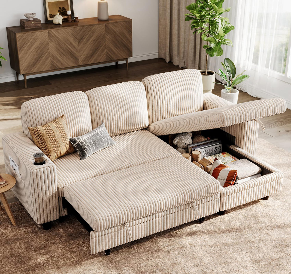 LINSY HOME Sectional Sleeper Sofa with Pull Out Couch Bed - Convertible Plush Corduroy Cloud Couch with Storage Chaise & USB Charging, Comfy L Shaped Modular Couches for Living Room Apartment, Beige LINSY HOME