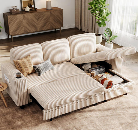 LINSY HOME Sectional Sleeper Sofa with Pull Out Couch Bed - Convertible Plush Corduroy Cloud Couch with Storage Chaise & USB Charging, Comfy L Shaped Modular Couches for Living Room Apartment, Beige LINSY HOME