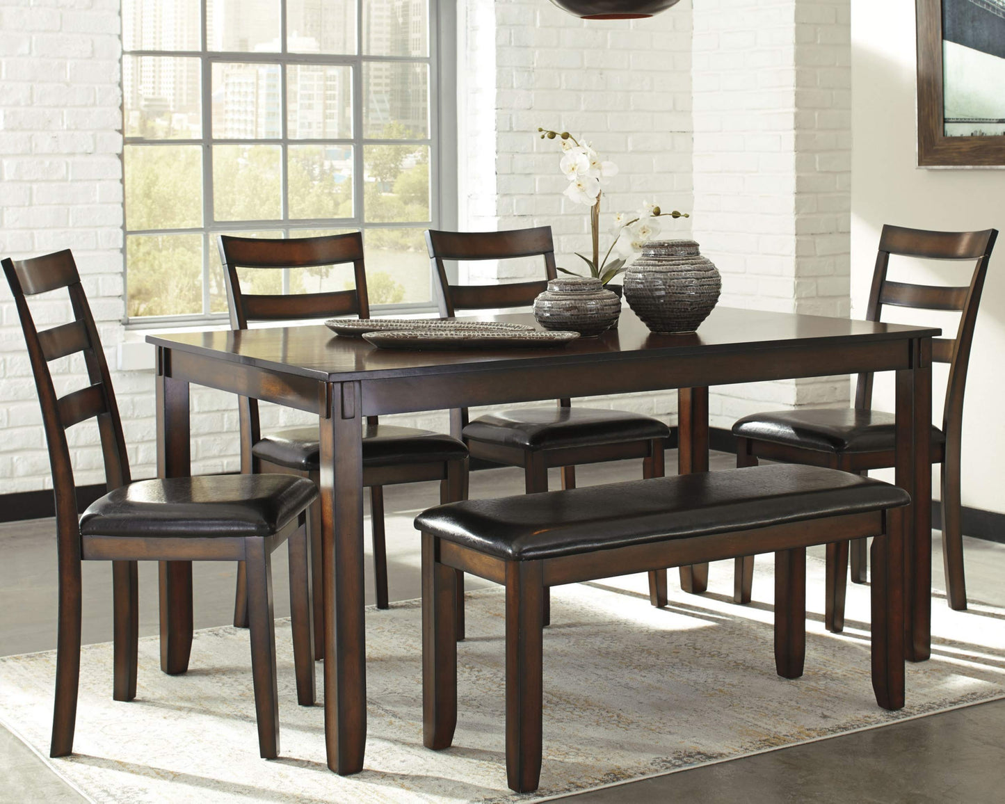 Signature Design by Ashley Coviar 6 Piece Dining Set, Includes Table, 4 Chairs & Bench, Dark Brown - WoodArtSupply