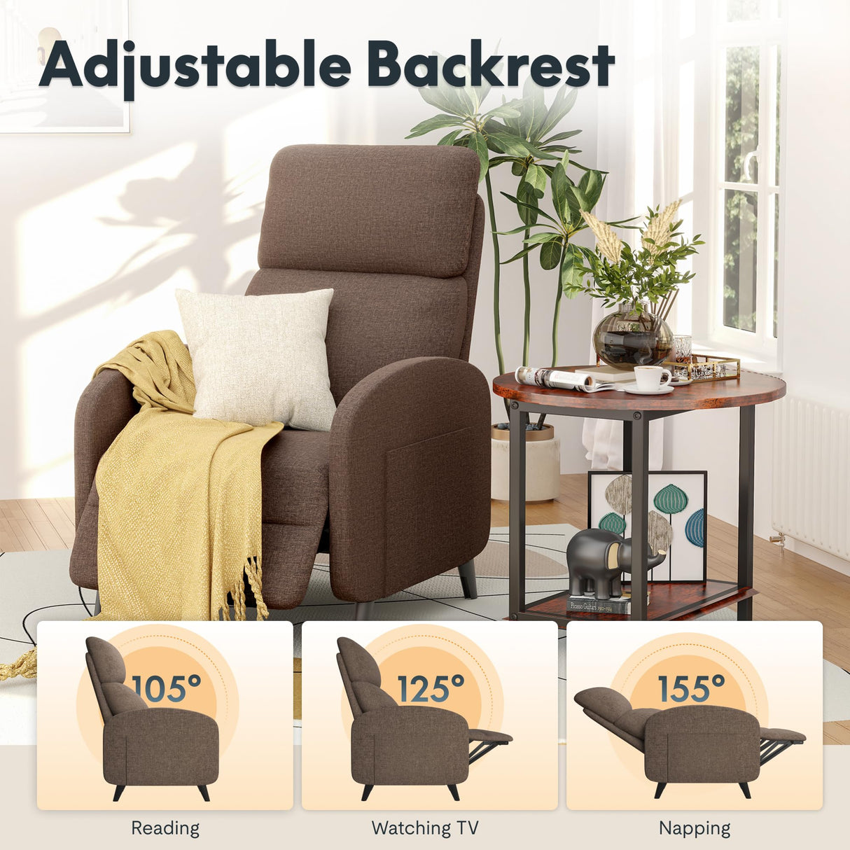 FLEXISPOT XC2 Recliner Chair for Adults, Fabric Small Reclining Chair Home Theater Seating with Side Pockets, Adjustable Modern Single Sofa Armchair, Extended Footrest for Living Room(Brown) FLEXISPOT