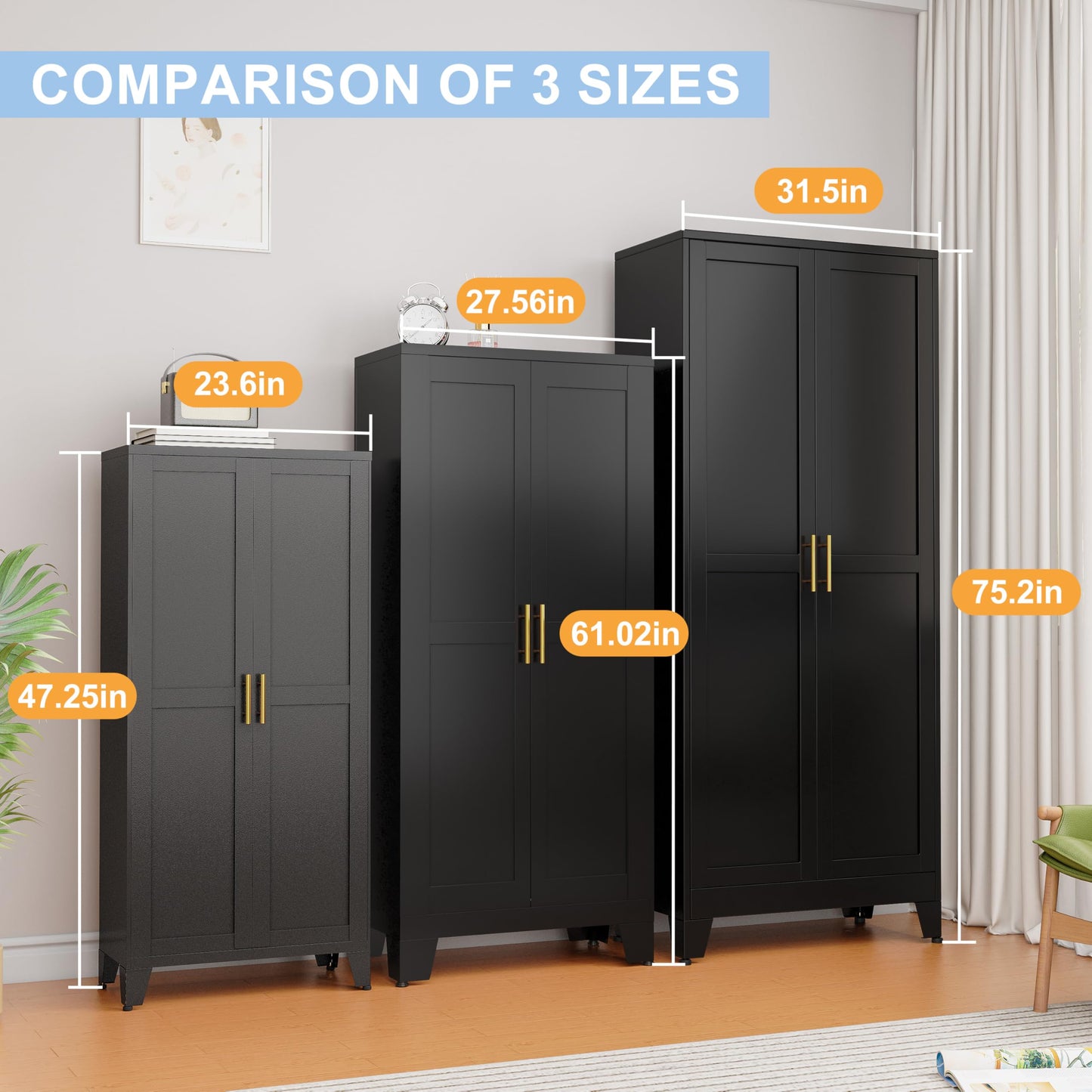 RISTERN Black Metal Storage Cabinet, 48" Steel File Cabinet for Home Office, Kitchen Pantry Storage Cabinet with Doors and 3 Adjustable Shelves, Tool Cabinet, for Office, Home, Garage, School