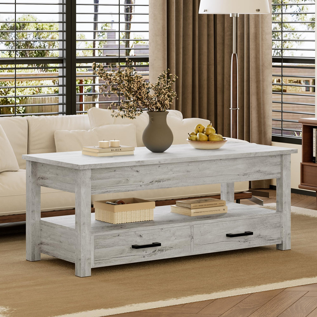 KOUSEI 47.2" Large Lift Top Coffee Table with Storage Drawers & Hidden Compartment, Grey for Living Room KOUSEI