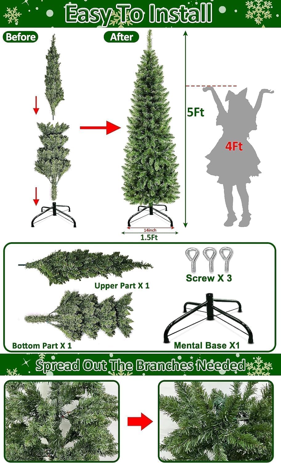 TURNMEON 5 Ft Pencil Christmas Tree with Thick 550 Tips, Metal Stand, Hinged Premium Realistic Spruce Green Branch Artificial Xmas Slim Tree Decor Home Indoor Outdoor Party