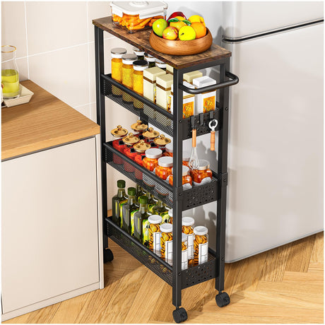 Vivihomety Utility Slim Storage Cart with Wheels, 4 Tier Small Rolling Cart with Wood Top, Metal Kitchen Bathroom Laundry Room Organization Trolley with Handle for Narrow Space – Black Vivihomety
