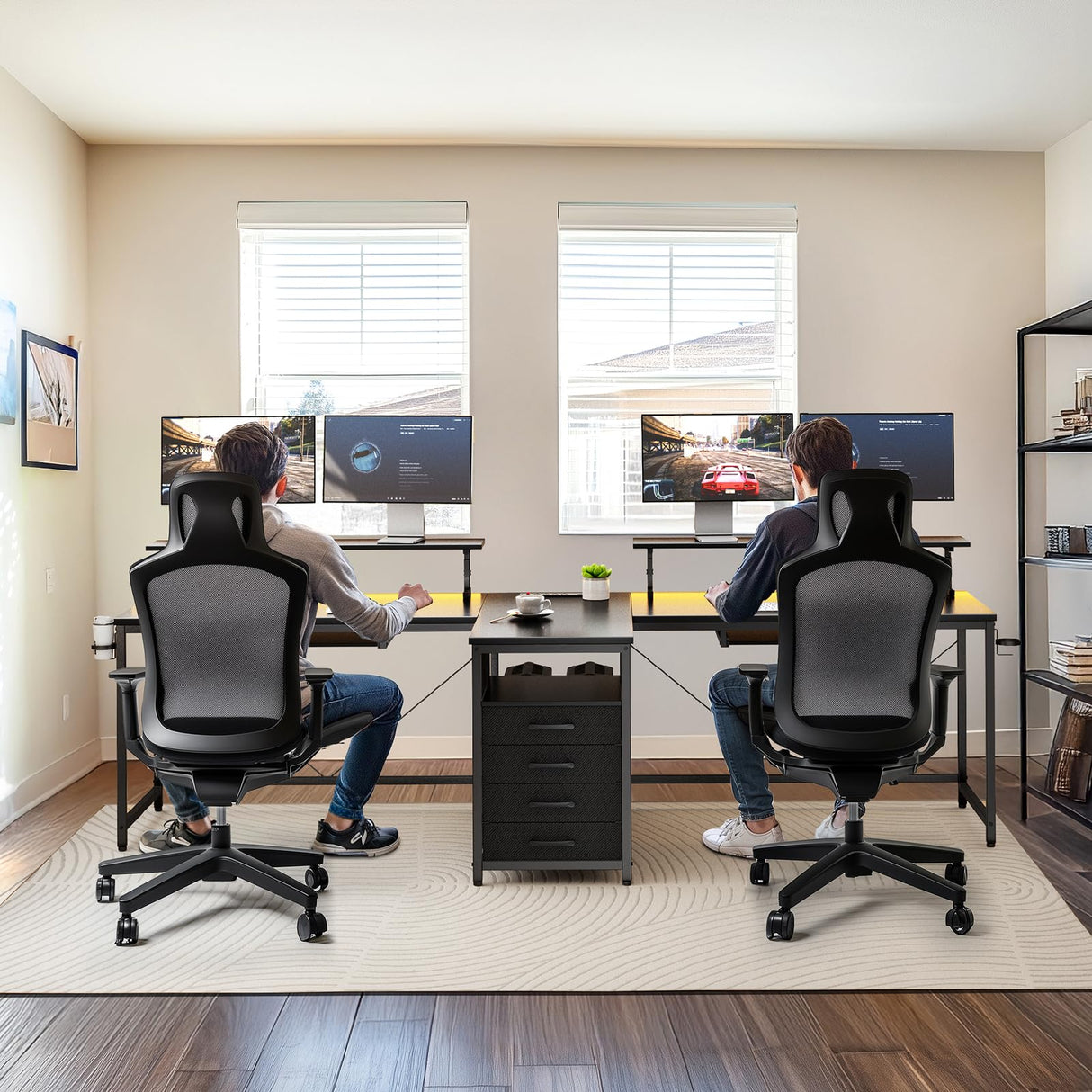 DOMICON 2 Person Desk with Power Outlet & LED Lights, Extra Long 94.5 Inch Computer Desk with Storage Shelves and Monitor Stand for Home Office, Double Gaming Desk, Black DOMICON