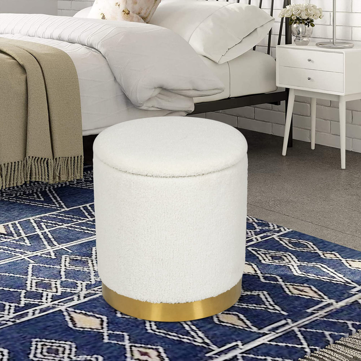 Joveco Round Storage Ottoman with Removable Lid, Boucle Small Upholstered Padded Vanity Foot Rest Stool for Living Room, Bedroom, Dorm, White Joveco