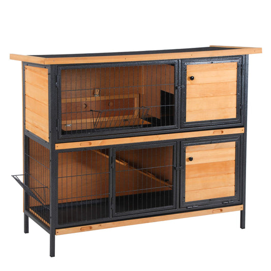 PawHut 48" 2-Story Large Rabbit Hutch Bunny Cage Wooden Pet House Metal Frame with Individual Room, Ramp, No Leak Tray, Feeding Trough, Waterproof Asphalt Roof for Outdoor/Indoor - WoodArtSupply