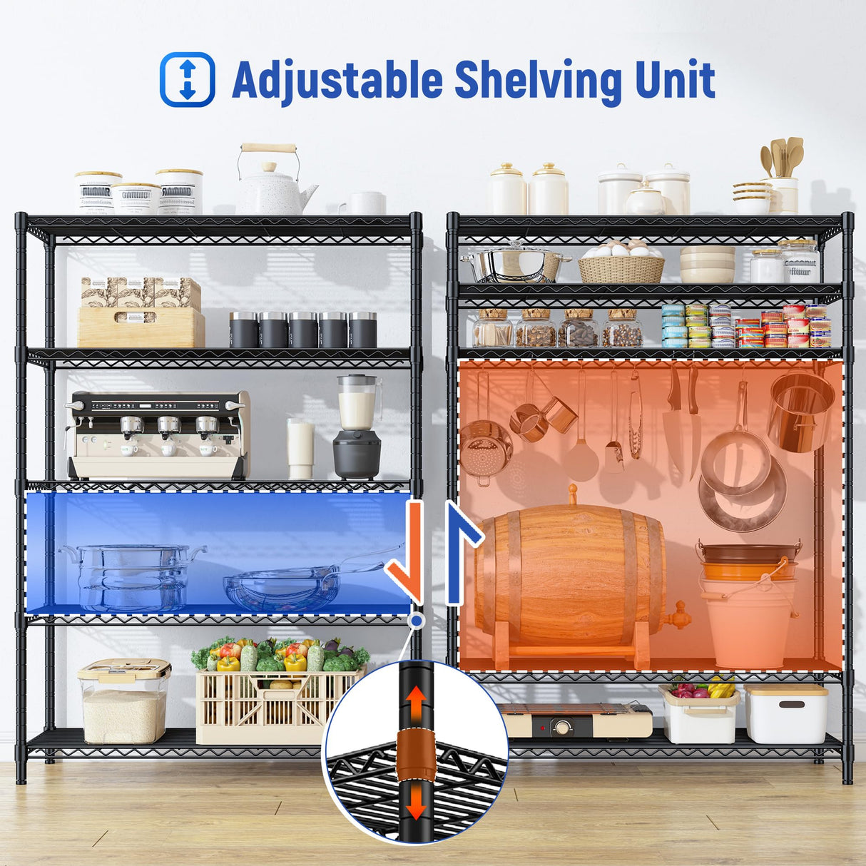 5 Tier Storage Shelves 71" H Wire Shelving Adjustable Metal Shelving,1000LBS Pantry Shelves Sturdy Steel Wire Shelf for Kitchen Commercial Pantry Garage Warehouse,71" H X35.5 W X13.8 D, Black Romorgniz