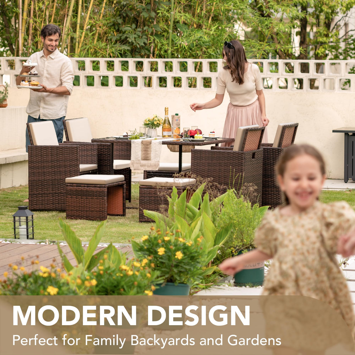 Devoko 9 Pieces Patio Dining Sets Outdoor Space Saving Rattan Chairs with Glass Table Patio Furniture Sets Cushioned Seating and Back Sectional Conversation Set (Beige) Devoko