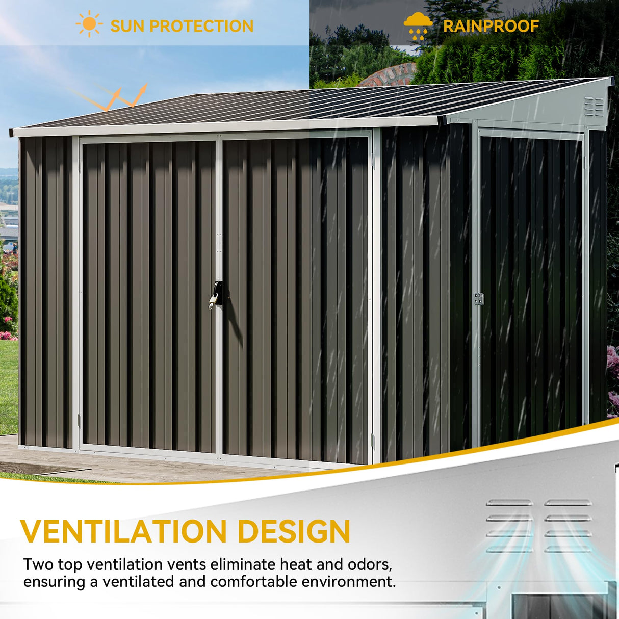 DWVO 8x4 FT Outdoor Weatherproof Storage Shed, Secure Metal Bike Shed w/Lockable Entry, Garden Storage Solution for Lawn Equipment, Tools, Waste Bin, Dark Gray DWVO