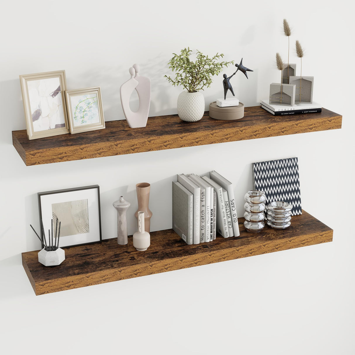 48 Inch Fireplace Mantel Shelf Floating Shelves for Large Wall Mounted Shelves with Invisible Brackets,Brown Long Wall Shelves for Decor Storage Bathroom,Living Room,Kitchen,Office,48"x 9.1" Set of 2 Dreamland