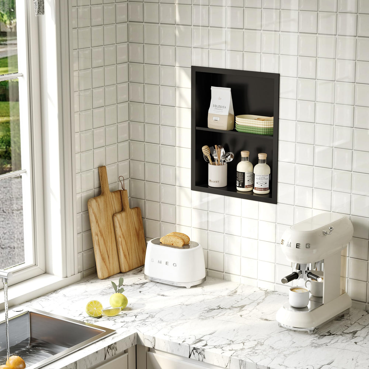 Qeke 14x18 Medicine Cabinet Recessed, Medicine Cabinet Without Mirror, 304 Stainless Steel Medicine Wall Niche with Double Shelves, Matte Black Qeke