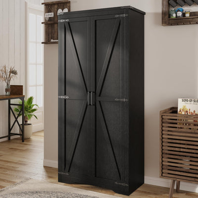 Befrases 72" H Black Farmhouse Storage Cabinet with Adjustable Shelves, Large Pantry Organize with 2 Barn Doors, Tall Freestanding Cabinet for Kitchen, Bathroom, Garage, Basement, Living, Utility Room