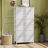 Pellebant Dresser for Bedroom with 7 Drawers, Tall Dresser Vertical Storage Tower, Sturdy Metal Frame, Fabric Storage Bins with Plastic Handle, Wooden Top, Organizer Unit for Closet/Hallway, White Pellebant