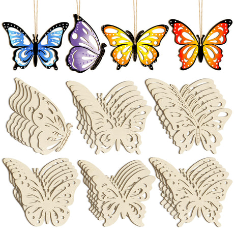 36PCS Wooden Hollow Butterfly Ornaments to Paint, 6 Styles DIY Blank Unfinished Wood Cutouts Ornament for Crafts Hanging Decorations Summer Sophena