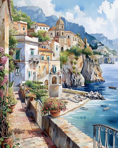 QACEYID Romantic Amalfi Coast Paint by Numbers Kit for Adults, Landscape Paint by Number on Canvas, Scenery Digital Oil Painting Kits Suitable for Home Wall Decoration Gift 16"x20"