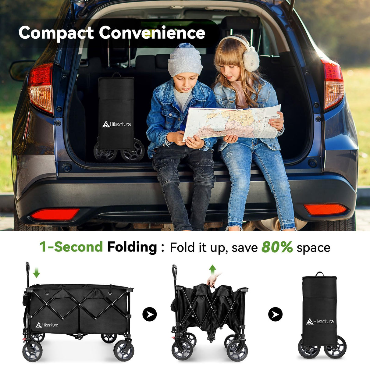 Hikenture 330lbs Collapsible Wagon Cart, Ultra-Large Wagons Carts Foldable, Heavy Duty Folding Wagon with Wheels, Utility All Terrain Wagon for Groceries, Garden, Sports, Beach, Shopping, Black Hikenture