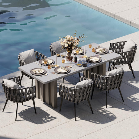 homary 7 Piece Outdoor Patio Dining Table Set, Aluminum Patio Dining Table Set with Extendable Table Top & 6 Woven Arm Chairs, Weatherproof Garden Furniture with Cushions for Backyard, Patio or Deck homary