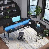 Pamray 64 Inch L Shaped Gaming Desk with Power Outlets and Led Lights, Large Corner Computer Desk with Monitor Stand and Pegboard, PC Table for Home Office and Bedroom Black Pamray