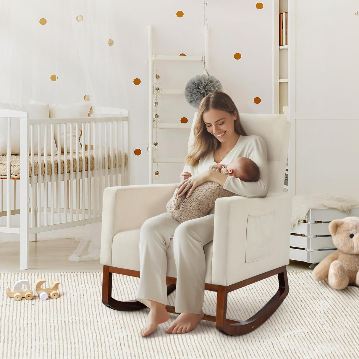 Yaheetech Rocking Chair, Modern Glider Chair, Recliner Armchair with Wood Legs and Side Pocket, Nursery Rocking Accent Chair with High Back for Living Room Bedroom, Beige Yaheetech