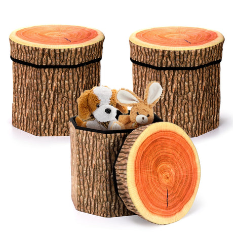 Lawei 3 Pack Tree Stump Storage Stools, 12 x 12 Inches Folding Stool Ottoman with Foam Cushion, Collapsible Storages Seat Chest, Vintage Storage Toy Box Wood Stump Organizer Stools for Toy Lawei