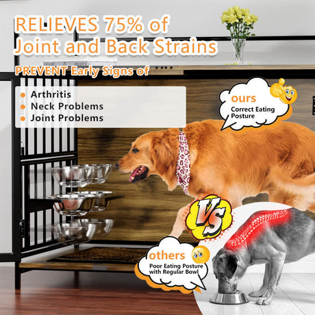 ROOMTEC Furniture Style Large Dog Crate with 360° & Adjustable Raised Feeder for Dogs 2 Stainless Steel Bowls -End Table House Pad, Indoor Use,41" L X 24" W 36" H, Classic Brown ROOMTEC