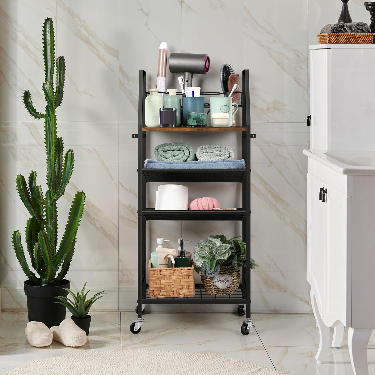 OYEAL Bathroom Storage Cart with Wheels Rolling Bathroom Shelves Slim Freestanding Bathroom Towel Storage Organizer with Hair Tool Holder for Small Spaces, Rustic Brown OYEAL