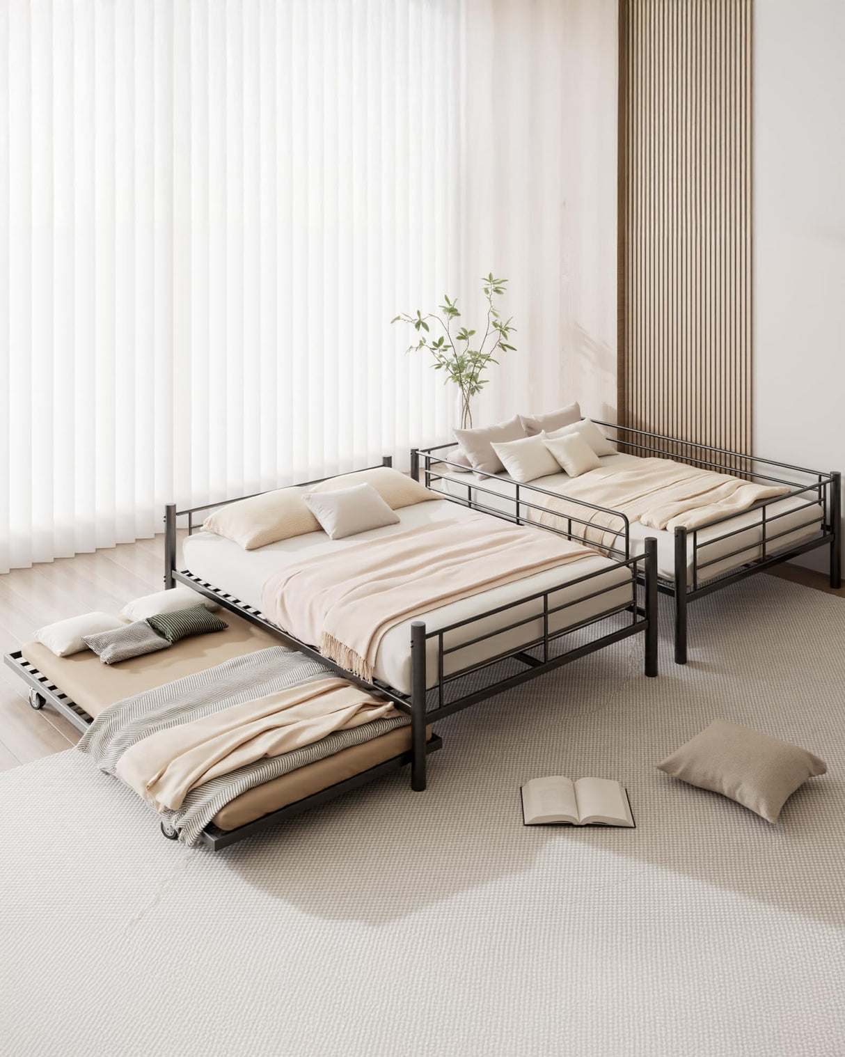 Feetice Full Over Full Bunk Bed with Trundle, Heavy Duty Metal Bed Frame with Full-Length Guardrails & Ladder, 3-in-1 Convertible Full Bunk Bed, Noise-Free, No Box Spring Needed, Black Feetice