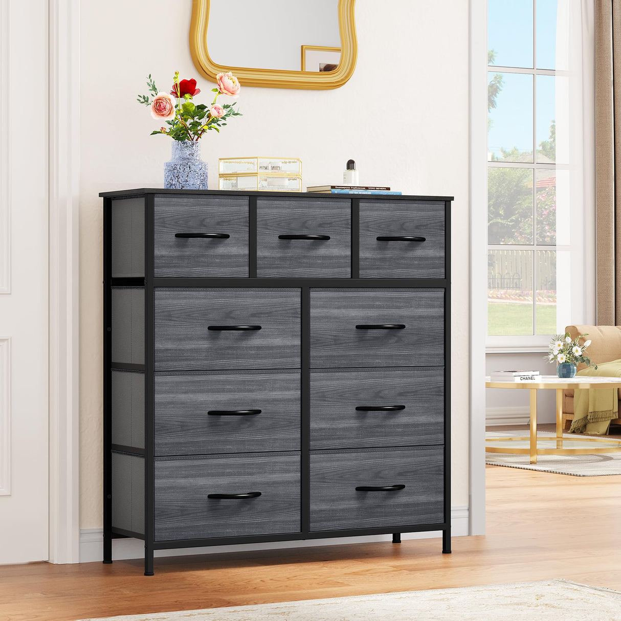 DWVO Dresser with 9 Drawers - Fabric Storage Tower, Organizer Unit for Living Room, Hallway, Closets - Sturdy Steel Frame, Wooden Top & Easy Pull Fabric Bins DWVO
